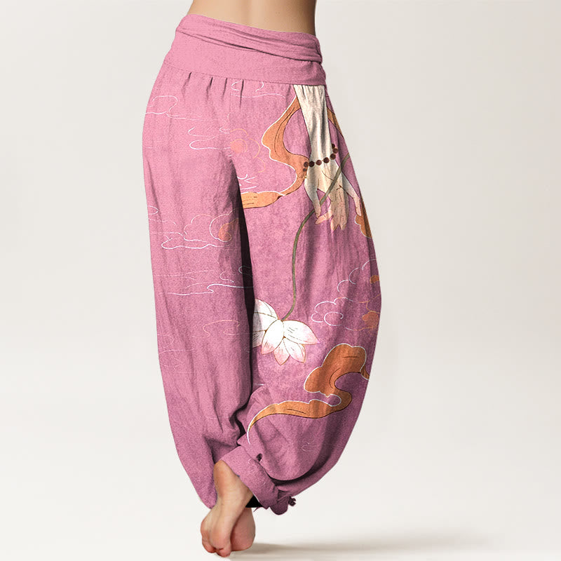 Nimara Ritual Pure Cotton Lotus Flower Flowing Ribbons Hand Wearing Prayer Beads Clouds Pattern Women's Elastic Waist Harem Pants