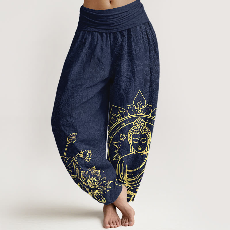 Nimara Ritual Pure Cotton Classical Lotus Flower Seedpod Leaf Buddha Pattern Women's Elastic Waist Harem Pants