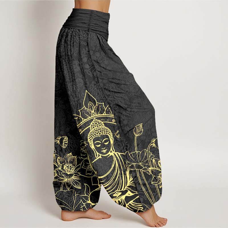 Nimara Ritual Pure Cotton Classical Lotus Flower Seedpod Leaf Buddha Pattern Women's Elastic Waist Harem Pants