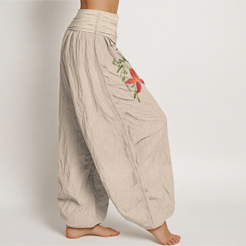 Nimara Ritual Pure Cotton Brightly Colored Lilies Five-Petaled Flower Pattern Women's Elastic Waist Harem Pants