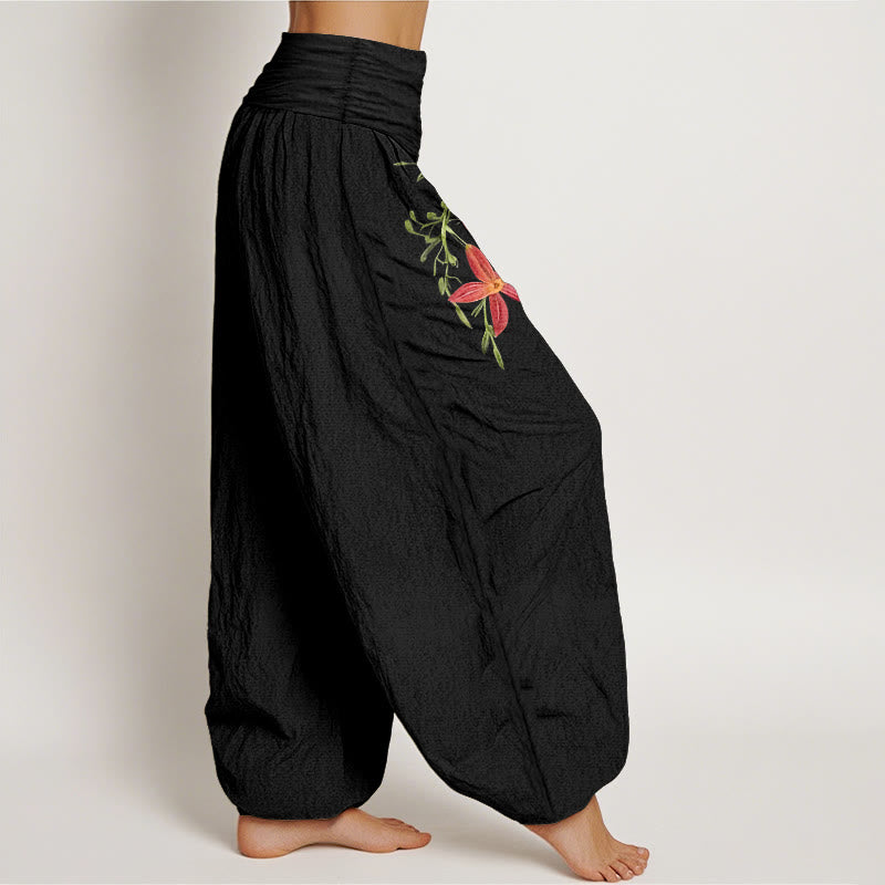 Nimara Ritual Pure Cotton Brightly Colored Lilies Five-Petaled Flower Pattern Women's Elastic Waist Harem Pants