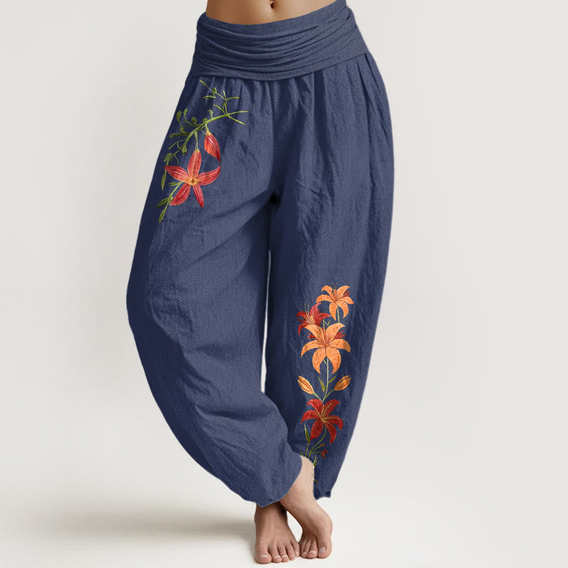 Nimara Ritual Pure Cotton Brightly Colored Lilies Five-Petaled Flower Pattern Women's Elastic Waist Harem Pants