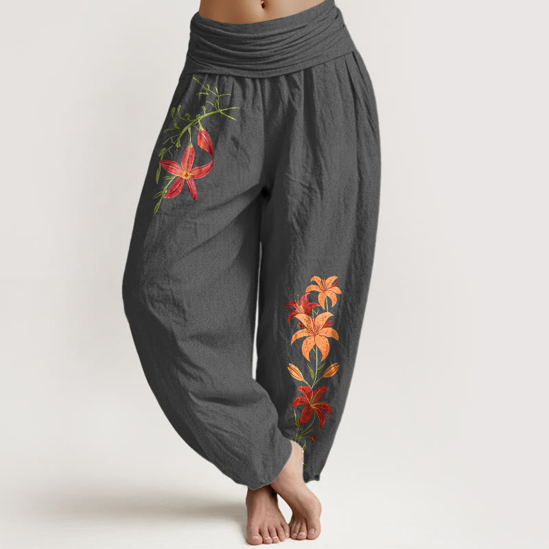 Nimara Ritual Pure Cotton Brightly Colored Lilies Five-Petaled Flower Pattern Women's Elastic Waist Harem Pants