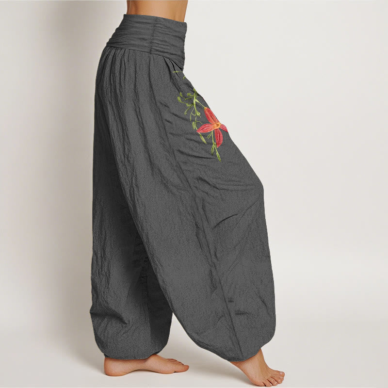 Nimara Ritual Pure Cotton Brightly Colored Lilies Five-Petaled Flower Pattern Women's Elastic Waist Harem Pants