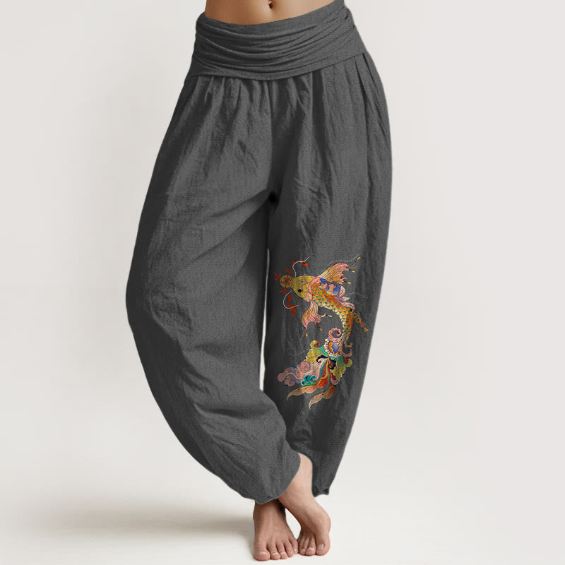 Nimara Ritual Pure Cotton Brightly Colored Koi Fish Copper Coins Chinese Characters Pattern Women's Elastic Waist Harem Pants