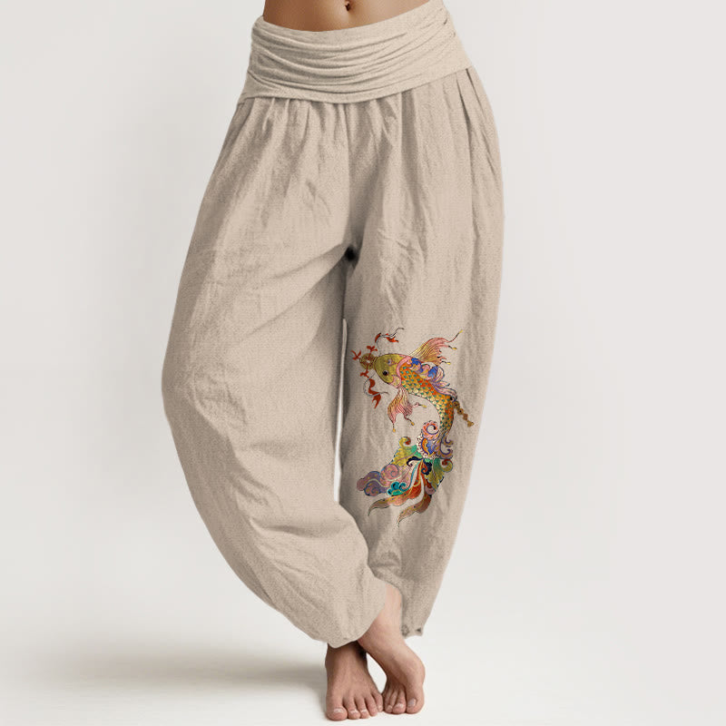 Nimara Ritual Pure Cotton Brightly Colored Koi Fish Copper Coins Chinese Characters Pattern Women's Elastic Waist Harem Pants