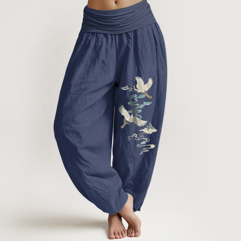 Nimara Ritual Pure Cotton Elegant Crane Cloud Mountain Pattern Women's Elastic Waist Harem Pants