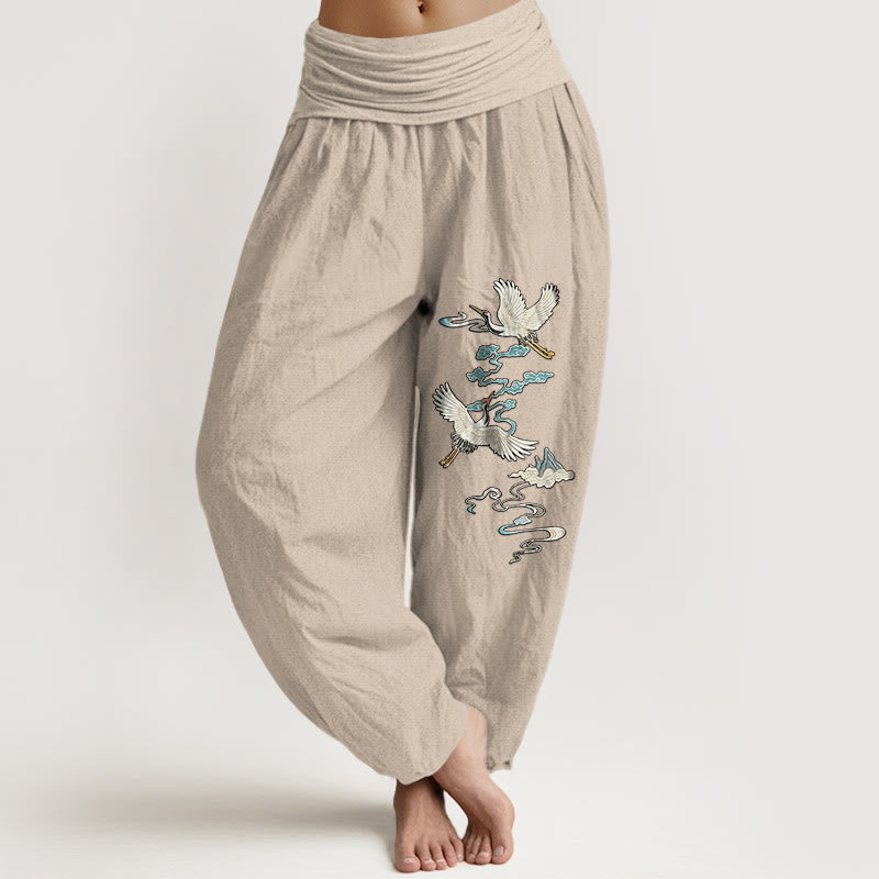 Nimara Ritual Pure Cotton Elegant Crane Cloud Mountain Pattern Women's Elastic Waist Harem Pants