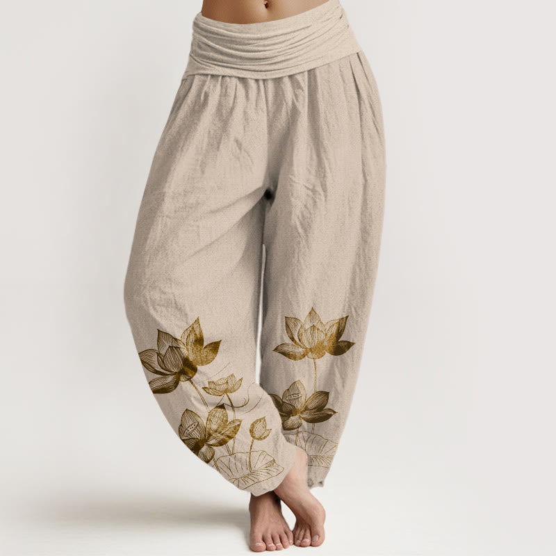 Nimara Ritual Pure Cotton Line Drawing Lotus Flower Pattern Women's Elastic Waist Harem Pants