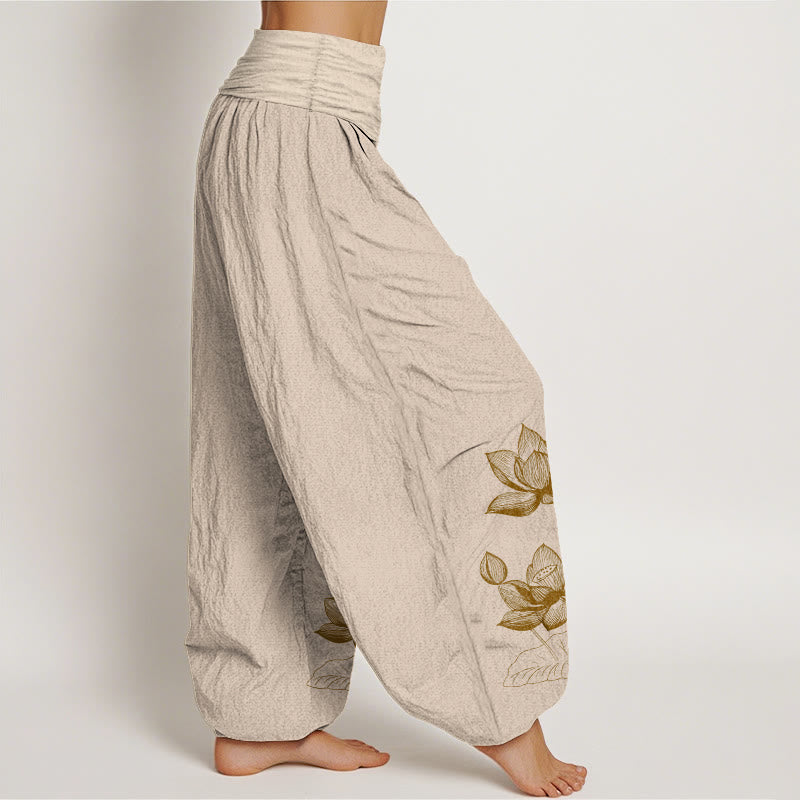 Nimara Ritual Pure Cotton Line Drawing Lotus Flower Pattern Women's Elastic Waist Harem Pants