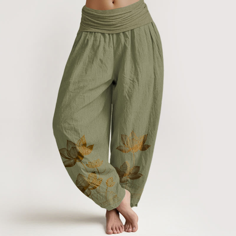 Nimara Ritual Pure Cotton Line Drawing Lotus Flower Pattern Women's Elastic Waist Harem Pants