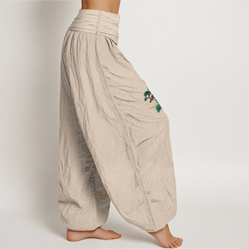 Nimara Ritual Pure Cotton Elegant Colors Pine Tree Crane Pattern Women's Elastic Waist Harem Pants