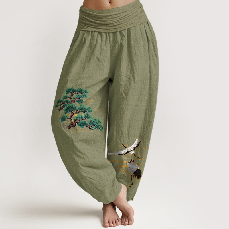 Nimara Ritual Pure Cotton Elegant Colors Pine Tree Crane Pattern Women's Elastic Waist Harem Pants
