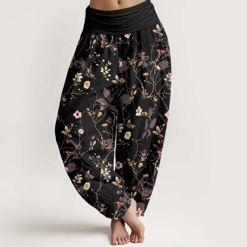 Nimara Ritual Pure Cotton Retro Flowers Leaves Branches Pattern Women's Elastic Waist Harem Pants