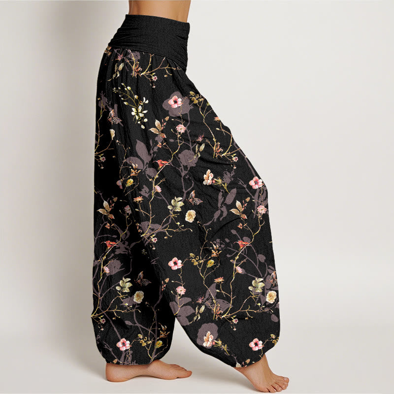 Nimara Ritual Pure Cotton Retro Flowers Leaves Branches Pattern Women's Elastic Waist Harem Pants