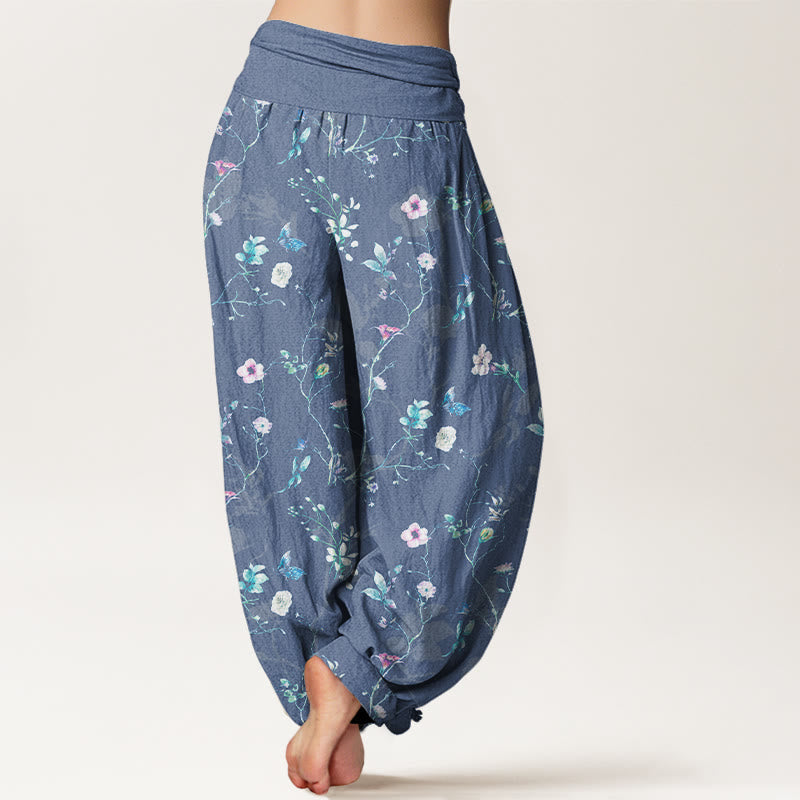 Nimara Ritual Pure Cotton Retro Flowers Leaves Branches Pattern Women's Elastic Waist Harem Pants