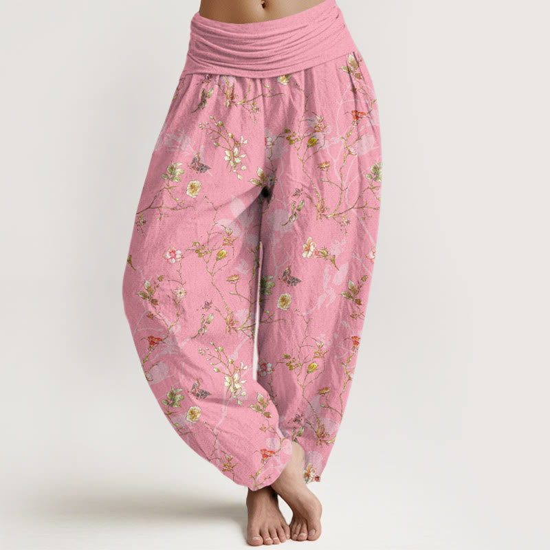 Nimara Ritual Pure Cotton Retro Flowers Leaves Branches Pattern Women's Elastic Waist Harem Pants