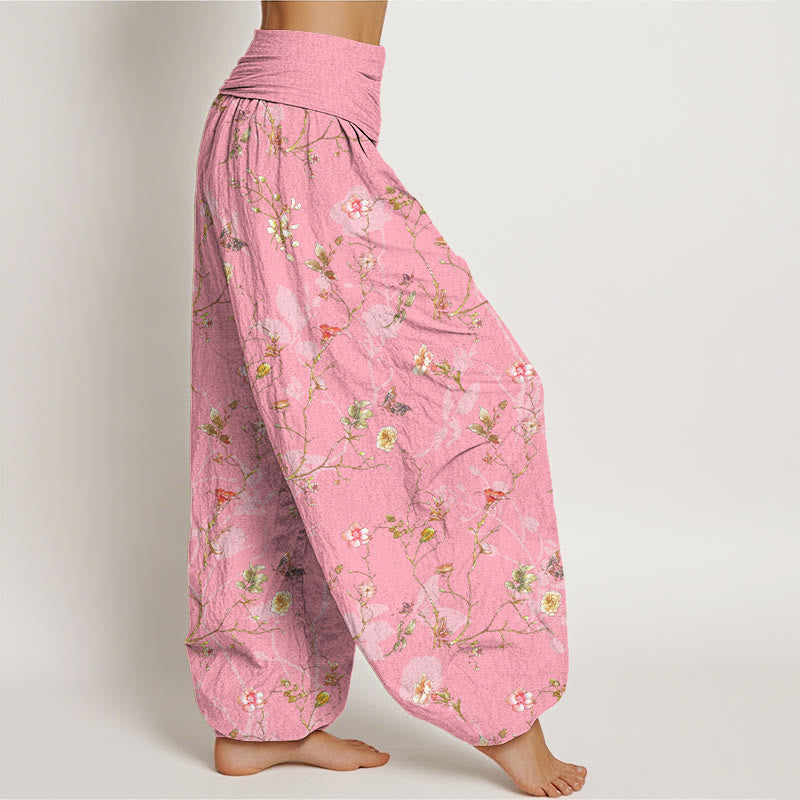 Nimara Ritual Pure Cotton Retro Flowers Leaves Branches Pattern Women's Elastic Waist Harem Pants
