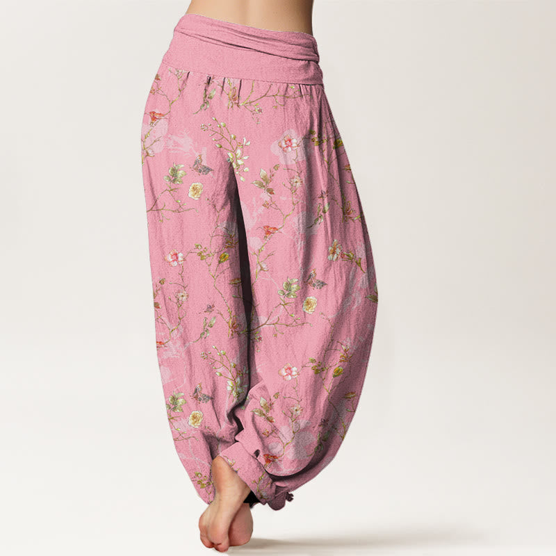 Nimara Ritual Pure Cotton Retro Flowers Leaves Branches Pattern Women's Elastic Waist Harem Pants