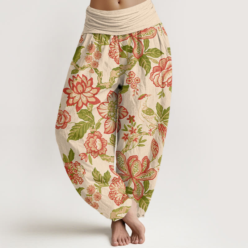 Nimara Ritual Pure Cotton Bold Colors Flowers Leaves Branches Bird Pattern Women's Elastic Waist Harem Pants