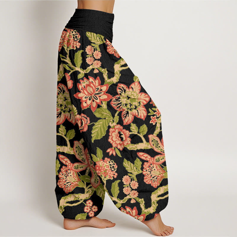 Nimara Ritual Pure Cotton Bold Colors Flowers Leaves Branches Bird Pattern Women's Elastic Waist Harem Pants