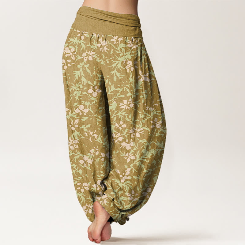 Nimara Ritual Pure Cotton Abstract Flowers Leaves Pattern Women's Elastic Waist Harem Pants