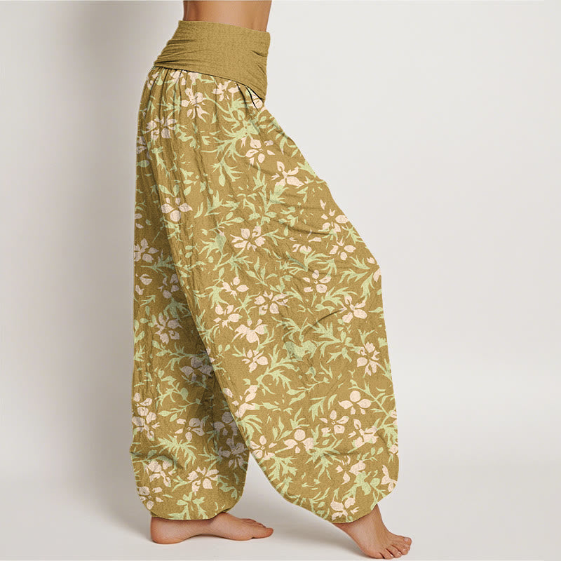 Nimara Ritual Pure Cotton Abstract Flowers Leaves Pattern Women's Elastic Waist Harem Pants