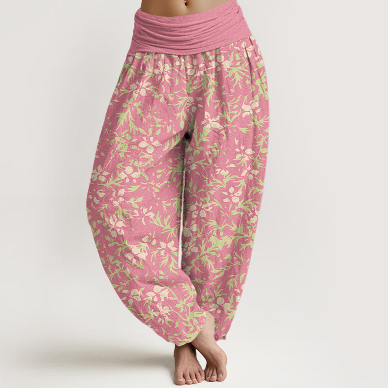 Nimara Ritual Pure Cotton Abstract Flowers Leaves Pattern Women's Elastic Waist Harem Pants