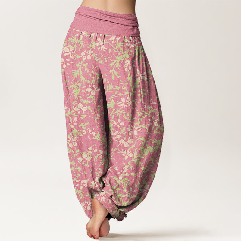 Nimara Ritual Pure Cotton Abstract Flowers Leaves Pattern Women's Elastic Waist Harem Pants