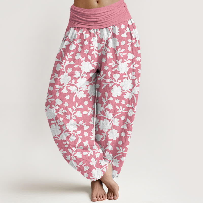Nimara Ritual Pure Cotton White Flowers Leaves Stars Pattern Women's Elastic Waist Harem Pants