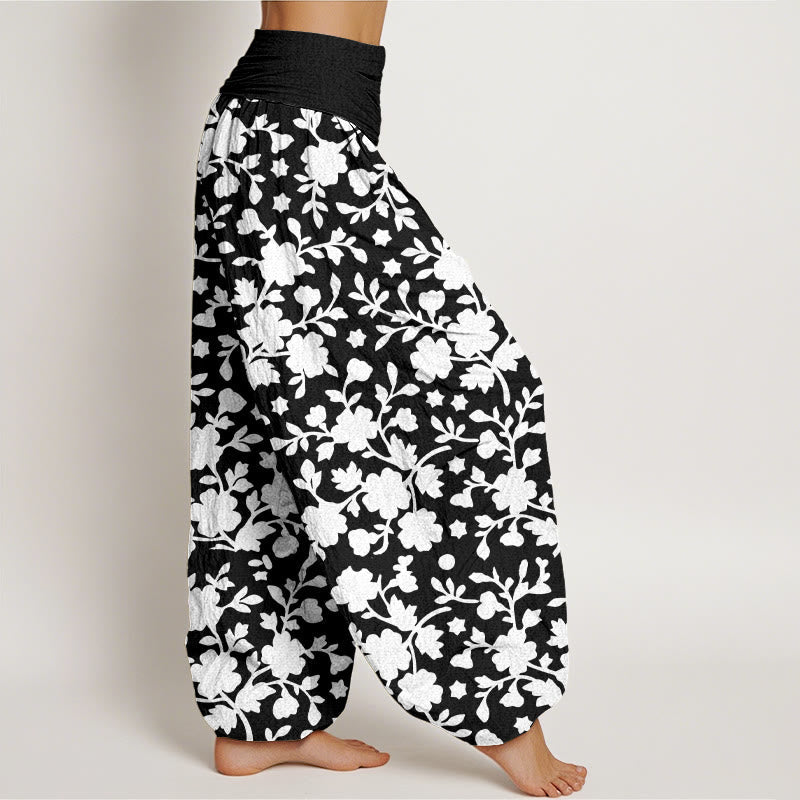 Nimara Ritual Pure Cotton White Flowers Leaves Stars Pattern Women's Elastic Waist Harem Pants
