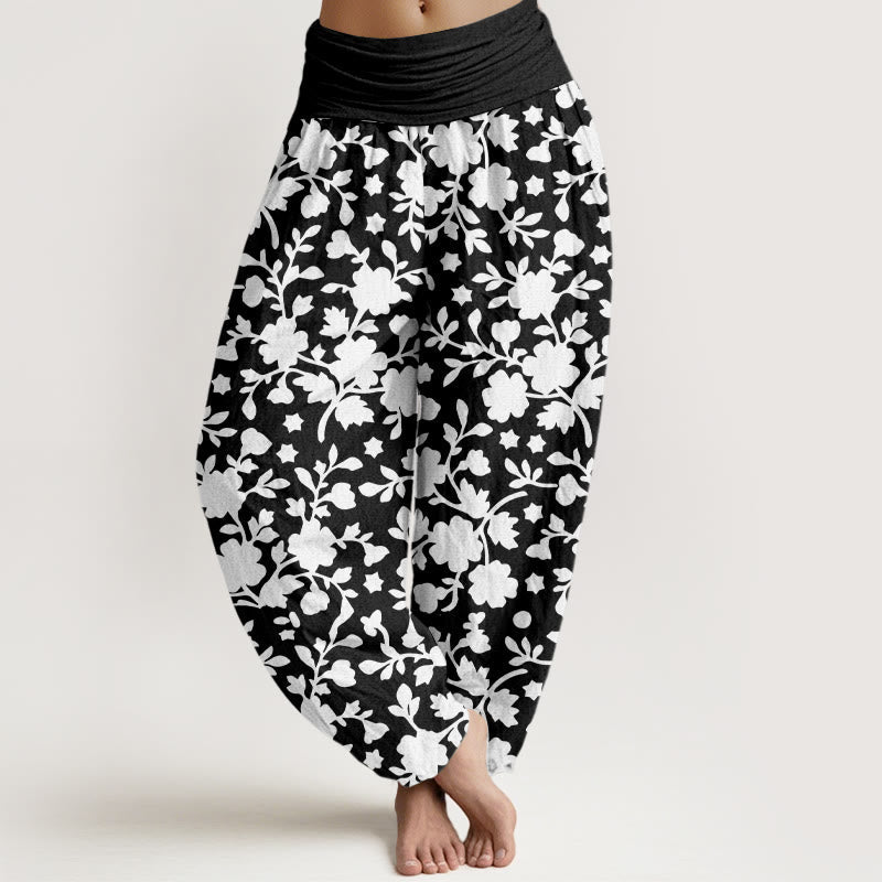 Nimara Ritual Pure Cotton White Flowers Leaves Stars Pattern Women's Elastic Waist Harem Pants