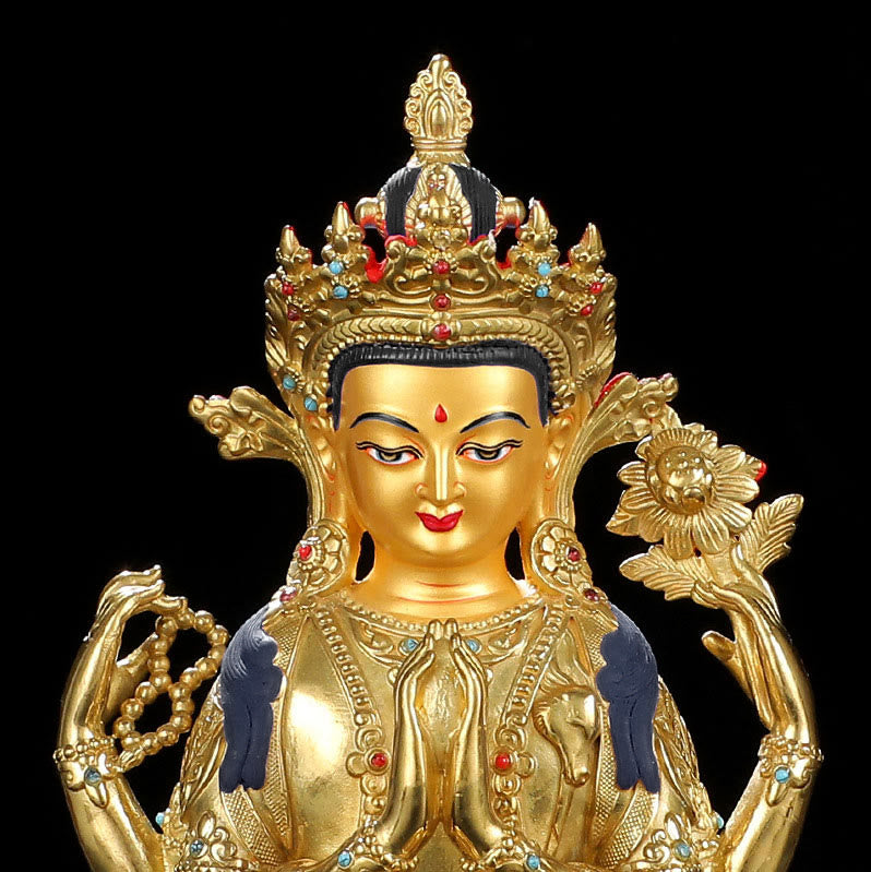 Nimara Ritual Chenrezig Four-armed Avalokitesvara Protection Copper Gold Plated Statue Decoration