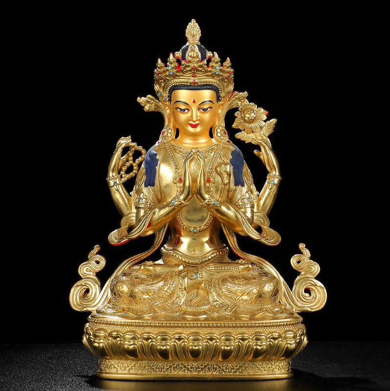 Nimara Ritual Chenrezig Four-armed Avalokitesvara Protection Copper Gold Plated Statue Decoration