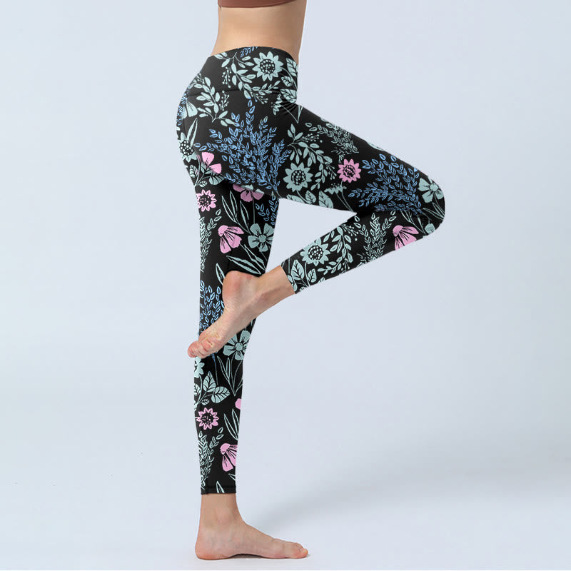 Nimara Ritual Bold Color Contrast Flower Leaf Pattern Print Gym Leggings Women's Yoga Pants