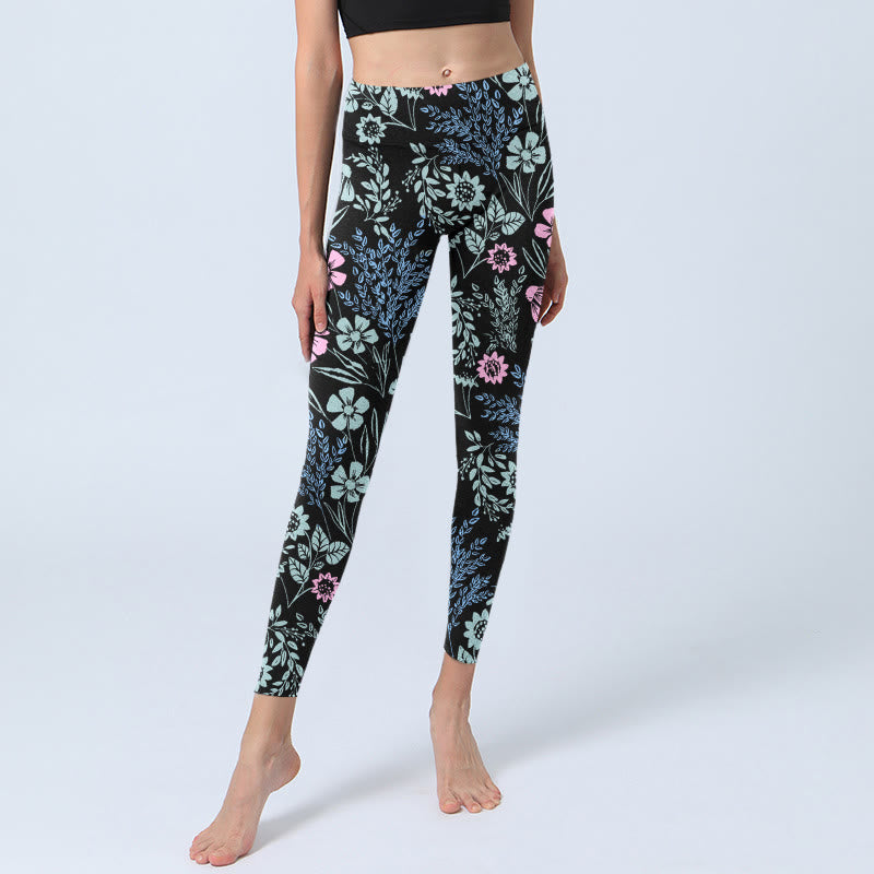 Nimara Ritual Bold Color Contrast Flower Leaf Pattern Print Gym Leggings Women's Yoga Pants