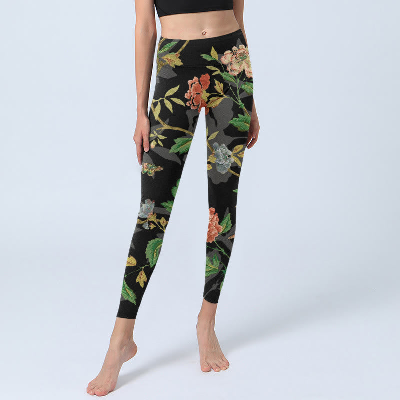 Nimara Ritual Classical Flower Leaf Butterfly Bird Pattern Print Gym Leggings Women's Yoga Pants