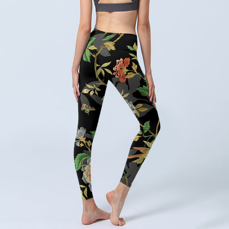 Nimara Ritual Classical Flower Leaf Butterfly Bird Pattern Print Gym Leggings Women's Yoga Pants
