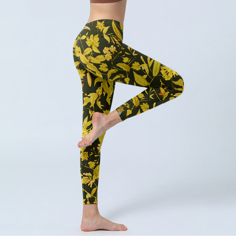 Nimara Ritual Luxurious Flower Leaf Bird Pattern Print Gym Leggings Women's Yoga Pants