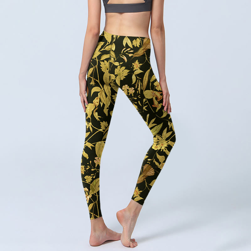 Nimara Ritual Luxurious Flower Leaf Bird Pattern Print Gym Leggings Women's Yoga Pants