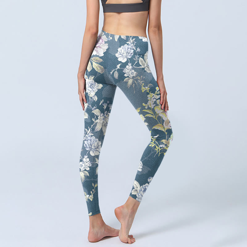Nimara Ritual Softly Colored Flower Leaf Pattern Print Gym Leggings Women's Yoga Pants