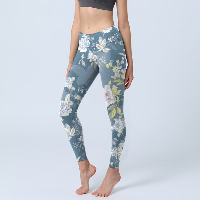 Nimara Ritual Softly Colored Flower Leaf Pattern Print Gym Leggings Women's Yoga Pants