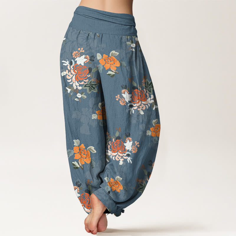 Nimara Ritual Pure Cotton Vibrant Color Flowers Leaves Pattern Women's Elastic Waist Harem Pants