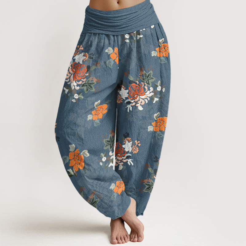 Nimara Ritual Pure Cotton Vibrant Color Flowers Leaves Pattern Women's Elastic Waist Harem Pants