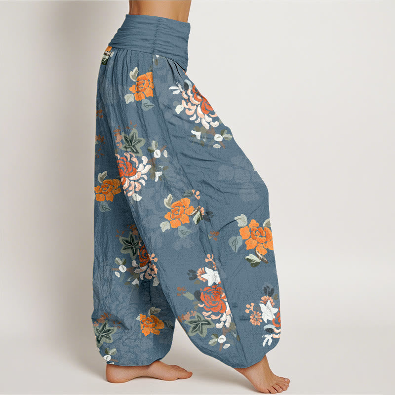Nimara Ritual Pure Cotton Vibrant Color Flowers Leaves Pattern Women's Elastic Waist Harem Pants