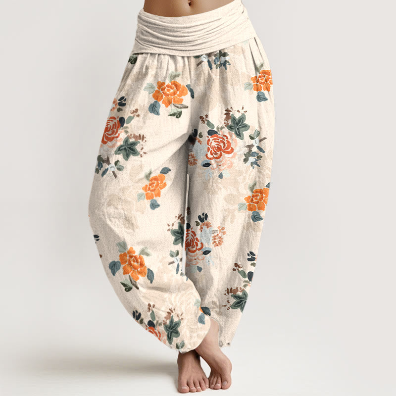 Nimara Ritual Pure Cotton Vibrant Color Flowers Leaves Pattern Women's Elastic Waist Harem Pants