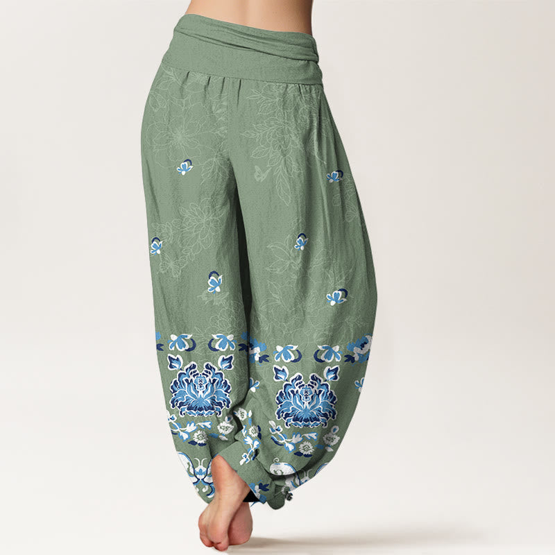 Nimara Ritual Pure Cotton Elegant Classic Flower Butterfly Pattern Women's Elastic Waist Harem Pants