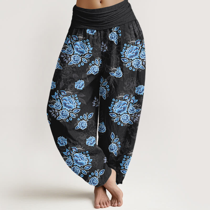 Nimara Ritual Pure Cotton Blue Flower Pattern Women's Elastic Waist Harem Pants