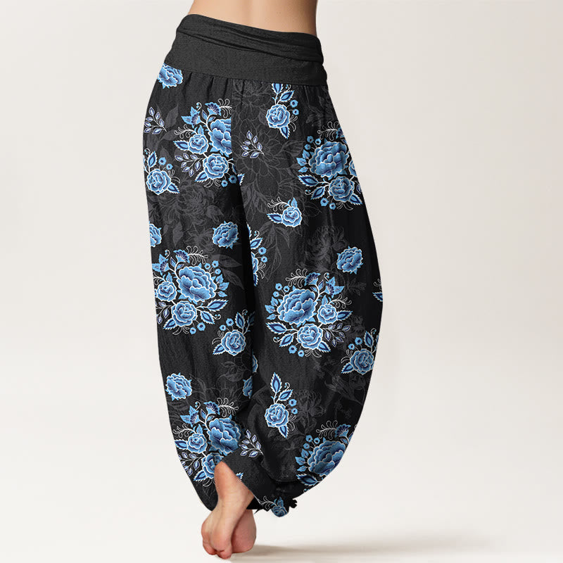 Nimara Ritual Pure Cotton Blue Flower Pattern Women's Elastic Waist Harem Pants