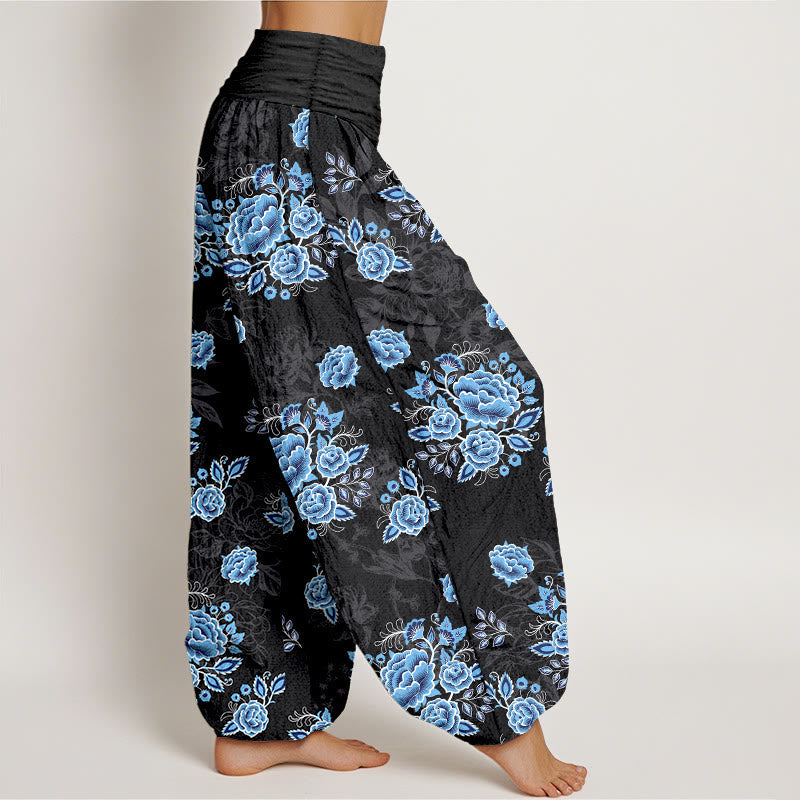 Nimara Ritual Pure Cotton Blue Flower Pattern Women's Elastic Waist Harem Pants